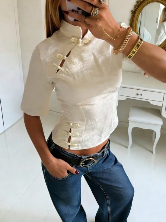 Tops - Beige Elegant Women's Cheongsam Button-Up Shirt